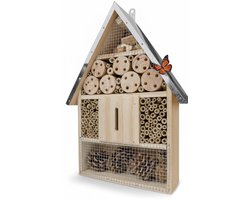NatureCrafts Groot Insectenhotel 39 x 23 cm van Natuurlijk Hout – Weerbestendig Insectenhuis met Metalen Dak voor Bijen, Lieveheersbeestjes, Vlinders & Nuttige Insecten – Bienenhotel om op te Hangen