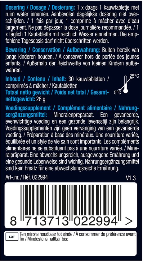Gedetailleerde informatie over dosering, bewaren, inhoud en samenstelling van Lucovitaal Pure Marine Magnesium Kauwtabletten.