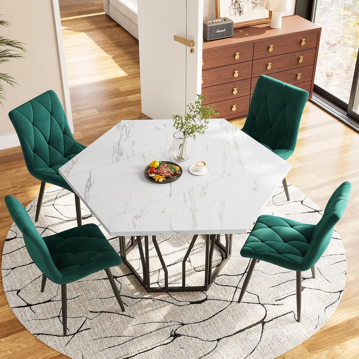 OKWISH Eettafel En Stoelenset 5 Delig - Zeshoekige Eettafel Marmerlook - 115,5×100×75 Cm - 4 Fluwelen Stoelen Groen