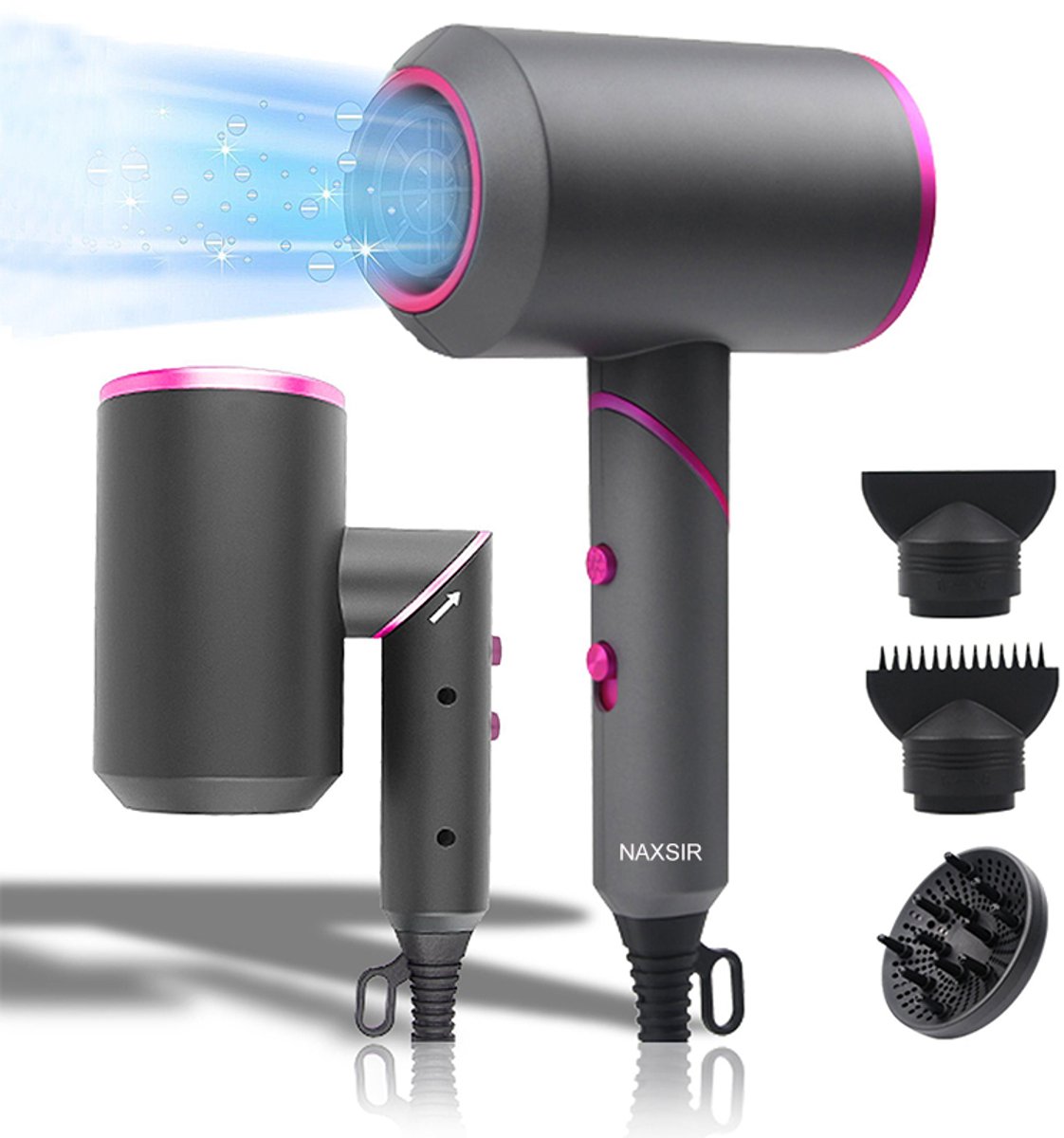 NAXSIR - Ionische haardroger, Hairdryer, sneldrogend, geluidsarm, grijs