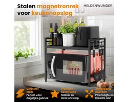 Magnetronrek (2 standen) – zwart – hoge stabiliteit met antislip en rubberen voetjes – in hoogte en lengte verstelbaar magnetronrek van 40–64 cm – inclusief gereedschap, handleiding en 8 haken