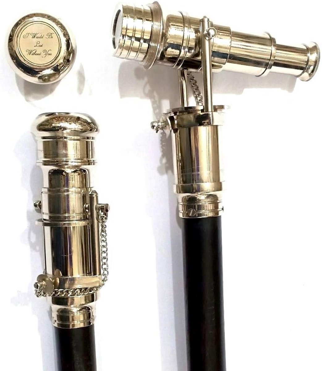 Vintage Telescoop Wandelstok met Verborgen Spyglass - Zwarte Houten 3-Voudige Riet