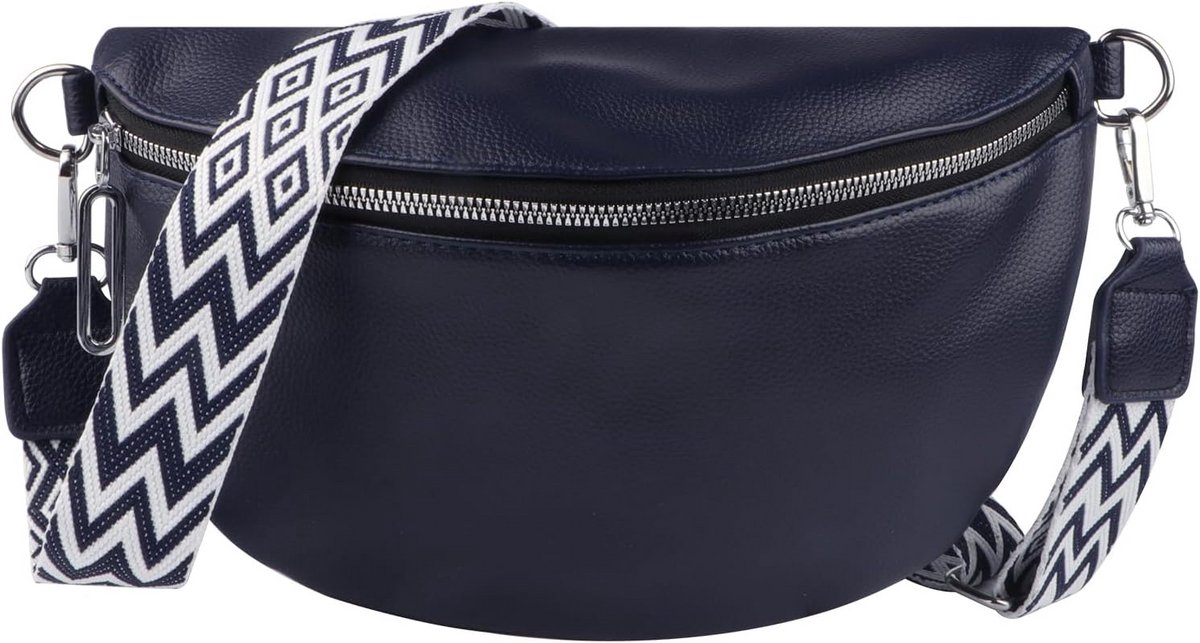 Leren Schoudertas Dames Blauw - Crossbody Tas met Brede Band en Rits