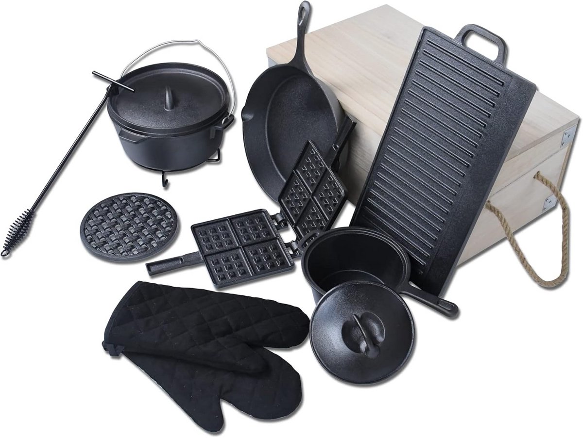 Gietijzeren Dutch Oven Set 10 Delig - Pan met Deksel voor Binnen & Buiten Koken, Grillen en BBQ