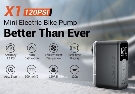 Coospo Elektrische Mini Fietspomp (USB-C) - 120 PSI / 8,3 bar - LED drukdisplay - Presta & Schrader - Mini fietspomp — afbeelding 2