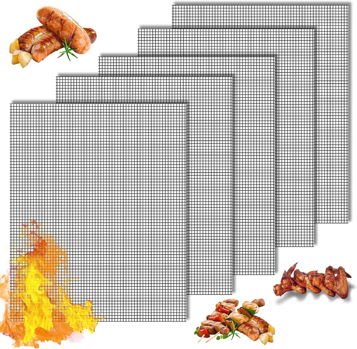 Famanu – BBQ Grill Mesh Mat Set - 42 x 36 cm Barbecue Bakmat Teflon Herbruikbare Grill Mat Hittebestendige Kookmatten voor Bakken - Barbecue Bakmat voor Grillen van - Houtskool