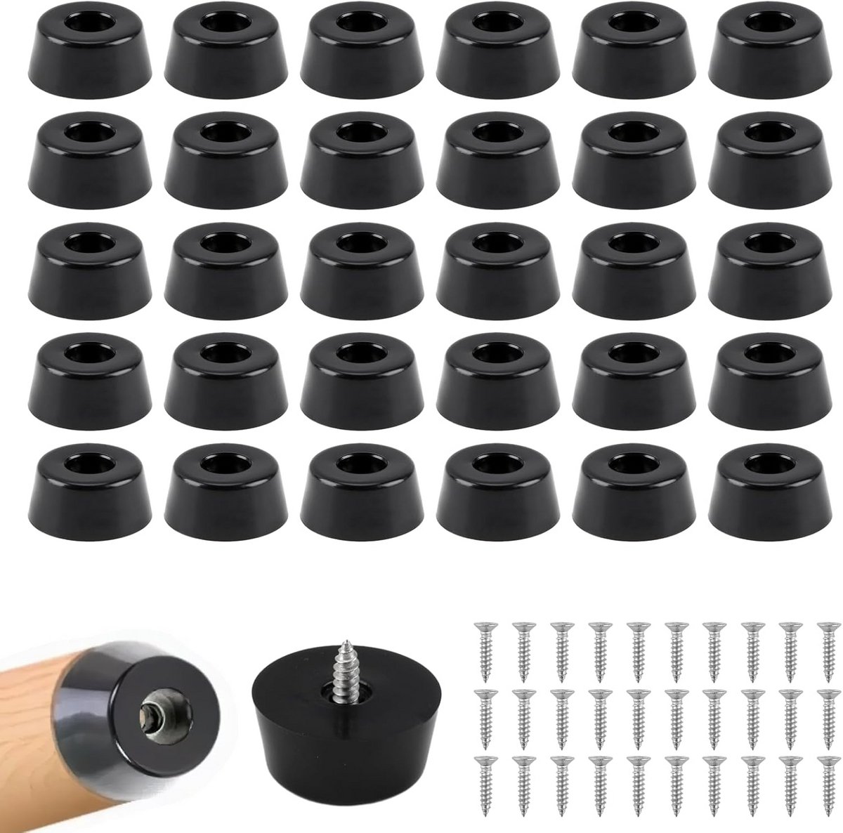 30x Schroefbare Meubelpoten Rubber: Vloerbeschermers en Stoelglijders met Schroeven