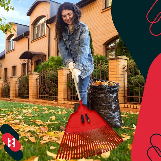 KOTARBAU® Bladhark, Tuinhark van Kunststof, 68 cm, met Houten Steel, 150 cm, Extra-Click, Gazonhark, Waaierbezem, Stevige Hark, Hark voor Gras Tuin Gazon, Rood & Gelakt Hout van KOTARBAU — afbeelding 4