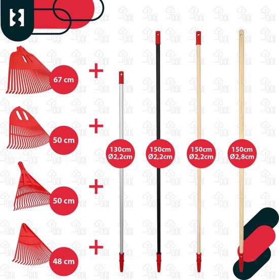 KOTARBAU® Bladhark, Tuinhark van Kunststof, 68 cm, met Houten Steel, 150 cm, Extra-Click, Gazonhark, Waaierbezem, Stevige Hark, Hark voor Gras Tuin Gazon, Rood & Gelakt Hout van KOTARBAU — afbeelding 3