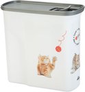 Witte voedselcontainer met grijze deksel, met afbeeldingen van twee katjes die met een bolletje wol spelen.