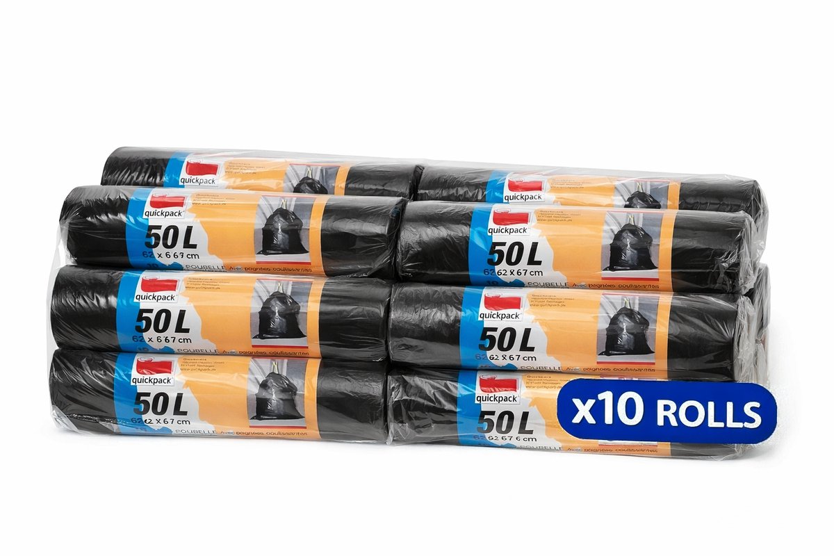 Quickpack Afvalzakken - 10 rollen a 10 stuks - 50 liter - Extra sterk - Scheurvast en lekvrij - Met trekkoord