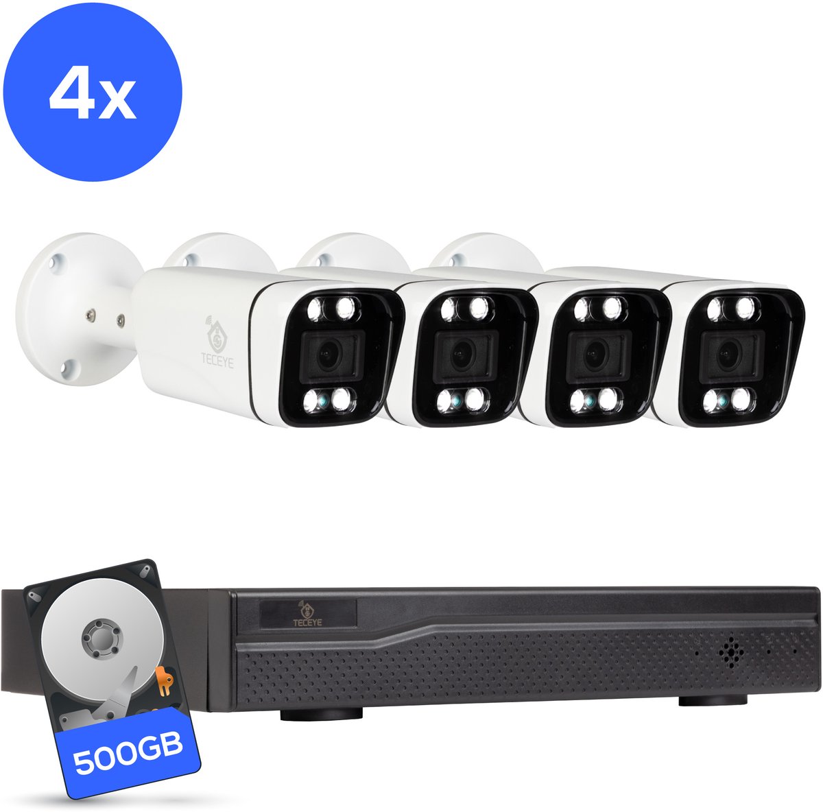 Teceye Compleet Camera Beveiliging Set met 4x POE Camera's - Beveiligingscamera - Beveiligingscamera binnen - Beveiligingscamera buiten - CCTV Camera systeem - Beveiligingscamera set - Bewakingscamera set