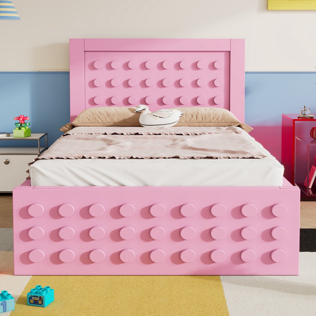 Wishdor Kinderbed - Eenpersoonsbed - 90x200 cm - Roze Hout - met Bouwblokken Design en Lad