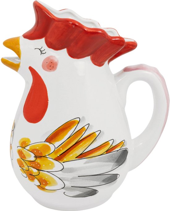 Witte karaf in de vorm van een haan, met rode kuif, oranje en gele veren en sprekende snavel