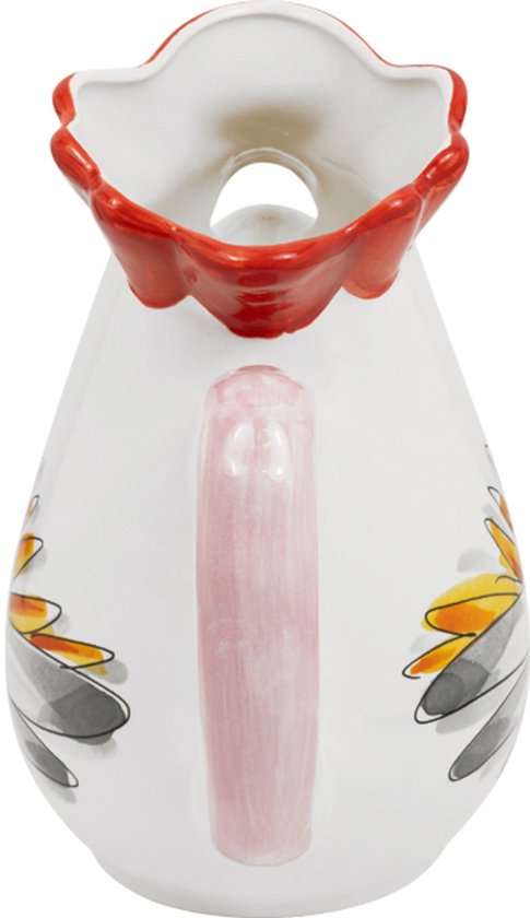 Witte karaf met rood geribbelde rand en roze handvat, met oranje, gele en grijze bloemen