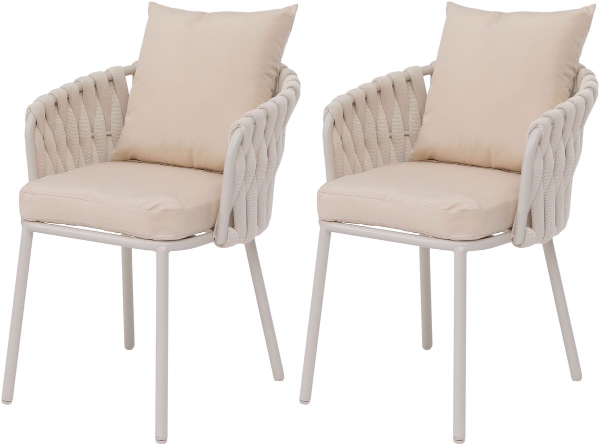 Set van 2 aluminium tuinstoelen MCW-P89, tuinstoel Outdoor stoel, stof/textiel (180 g/m²) touwvlechtwerk Rope ~ crème