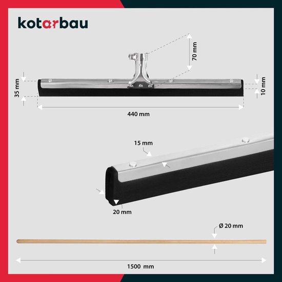 Afmetingen van een 45 cm brede vloertrekker met rubberen lip en 150 cm houten steel.