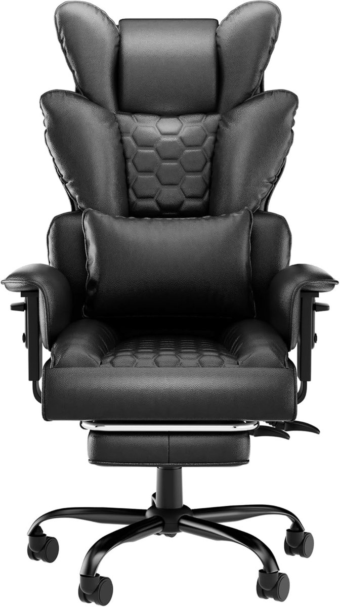 Directiestoel met Hoofdsteun, PU-Leren Rugleuning, Schuimrubberen Zitkussen, Voetsteun en Wieltjes, Stalen Frame Bureaustoelen 126-136 cm in Hoogte Verstelbaar Bureaustoel voor Thuis en op Kantoor (Zwart) NAIZY van NAIZY