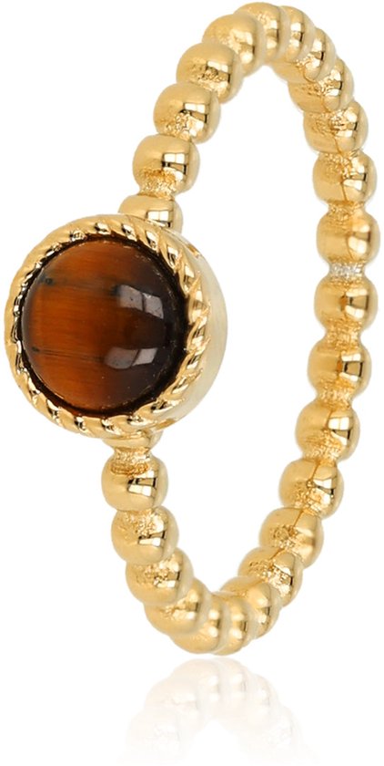 My Bendel - Bolletjes Ring met Ronde Edelsteen • Tiger Eye - met Luxe Cadeauverpakking | Sieraden Voor Dames | Maat 19.00 Mm / Maat 60