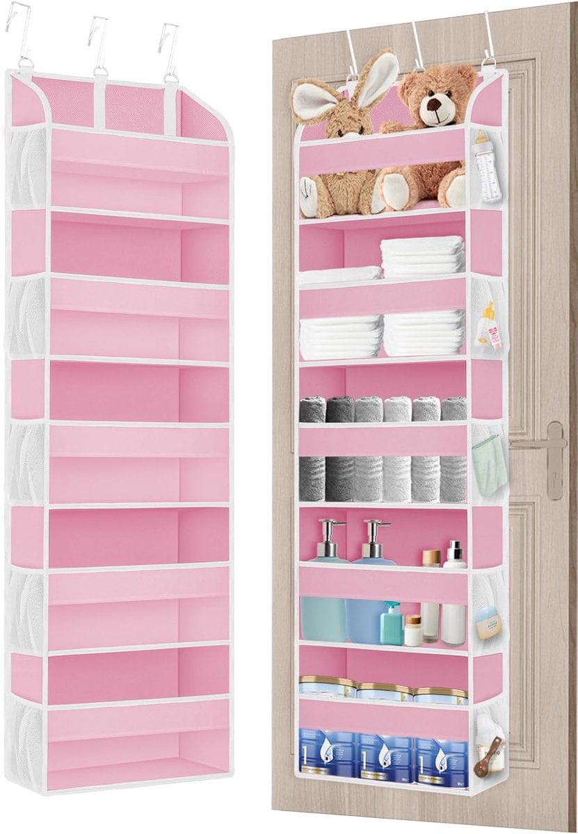 Upgraded Over Door Storage Organizer for Bedroom with 3 Metal Hooks, Multifunctional Bathroom Organizers and 5 Pocket Storage, 10 Mesh Pockets,roze