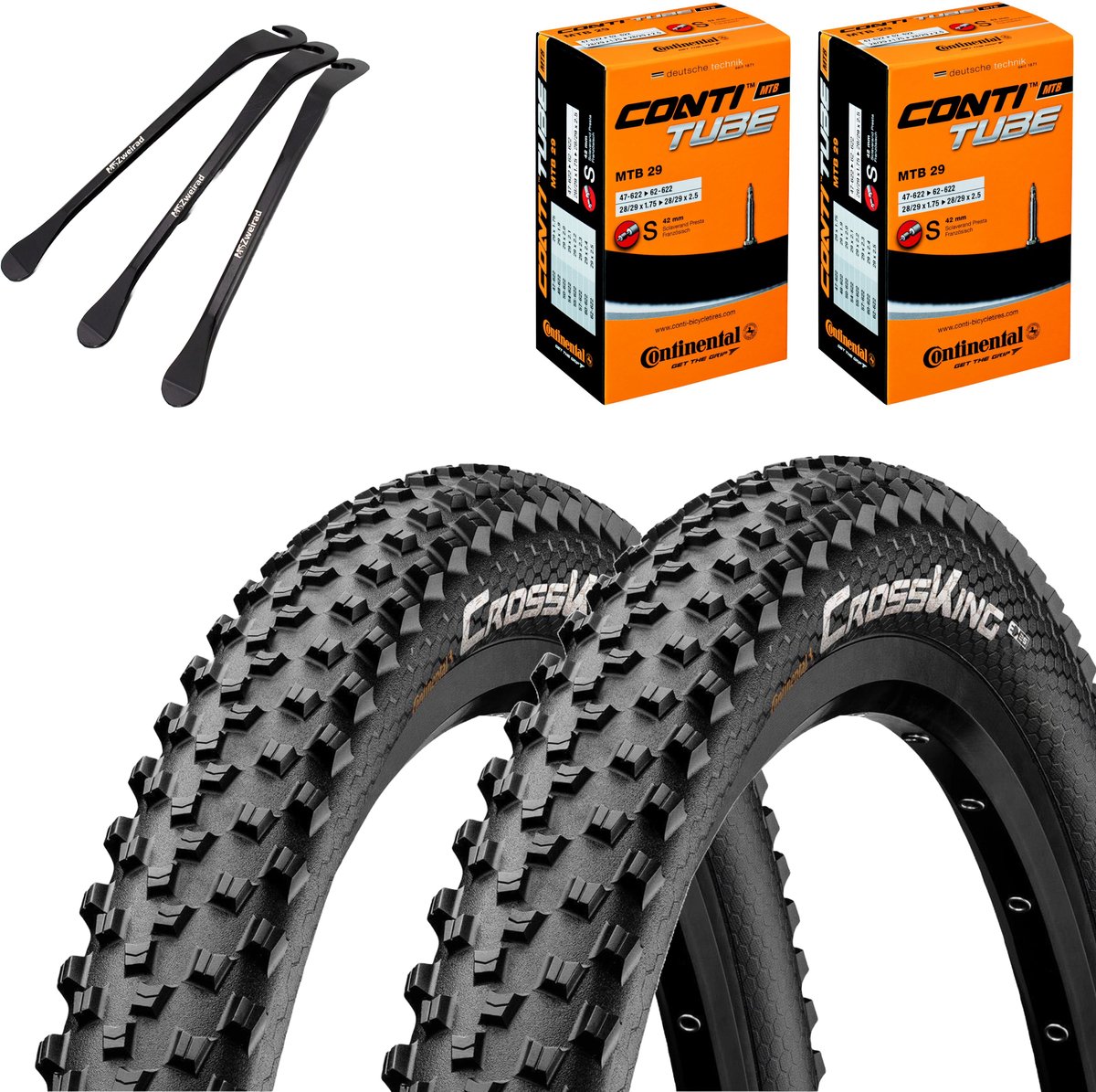 2x Continental Cross King Wire MTB-banden 29" (55-622) + SV Frans-ventiel binnenbanden + 3x MSZweirad bandenlichters