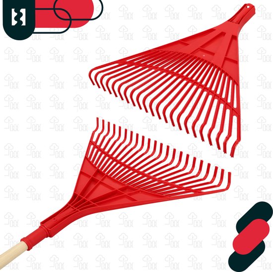 KOTARBAU® Bladhark, Tuinhark van Kunststof, 50 cm, met Houten Steel, 150 cm, Extra-Click, Gazonhark, Waaierbezem, Stevige Hark, Hark voor Gras Tuin Gazon, Rood & Gelakt Hout van Merkloos	 — afbeelding 3