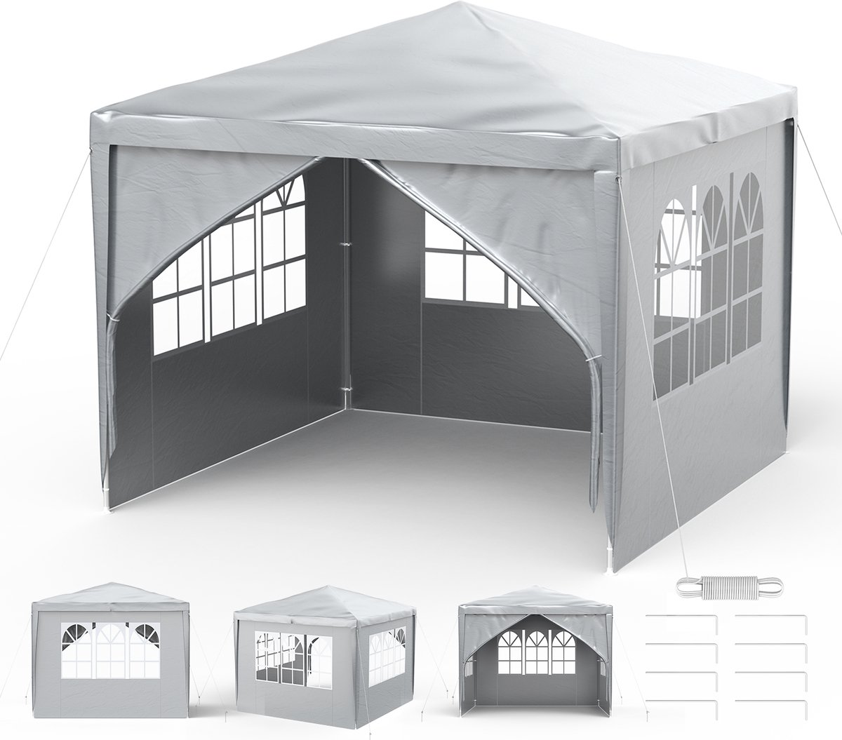Aufun Paviljoen - 3 X 3 Meter - Grijs - Met 6 Zijwanden - Met Ritssluiting - Polyethyleen Materiaal - Biertent - Geschikt Voor Tuinen, Feesten, Bruiloften, Picknicks, Beurzen