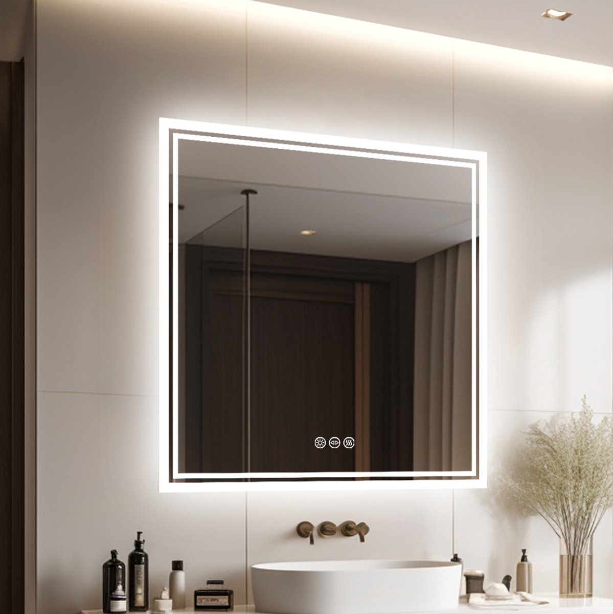 LUVODI Badkamerspiegel met verlichting - 80 cm vierkante LED-wandspiegel - Dimbaar 3 kleurenmodi - Anti-condens - IP56-gecertificeerd