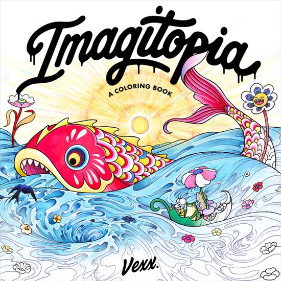 Livre de coloriage intitulé 'Imagitopia'. Un poisson rouge aux écailles jaunes nage dans des vagues bleues. Rayons du soleil derrière le poisson.