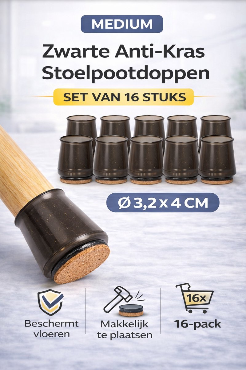 Anti Kras Stoelpoot Doppen Large – 16 Stuks – Ø 3,2 x 4 cm – Zwarte Stoelpootbeschermers met Vilt – Geluidsdempend & Vloerbescherming voor Stoelen en Meubels – Zwart