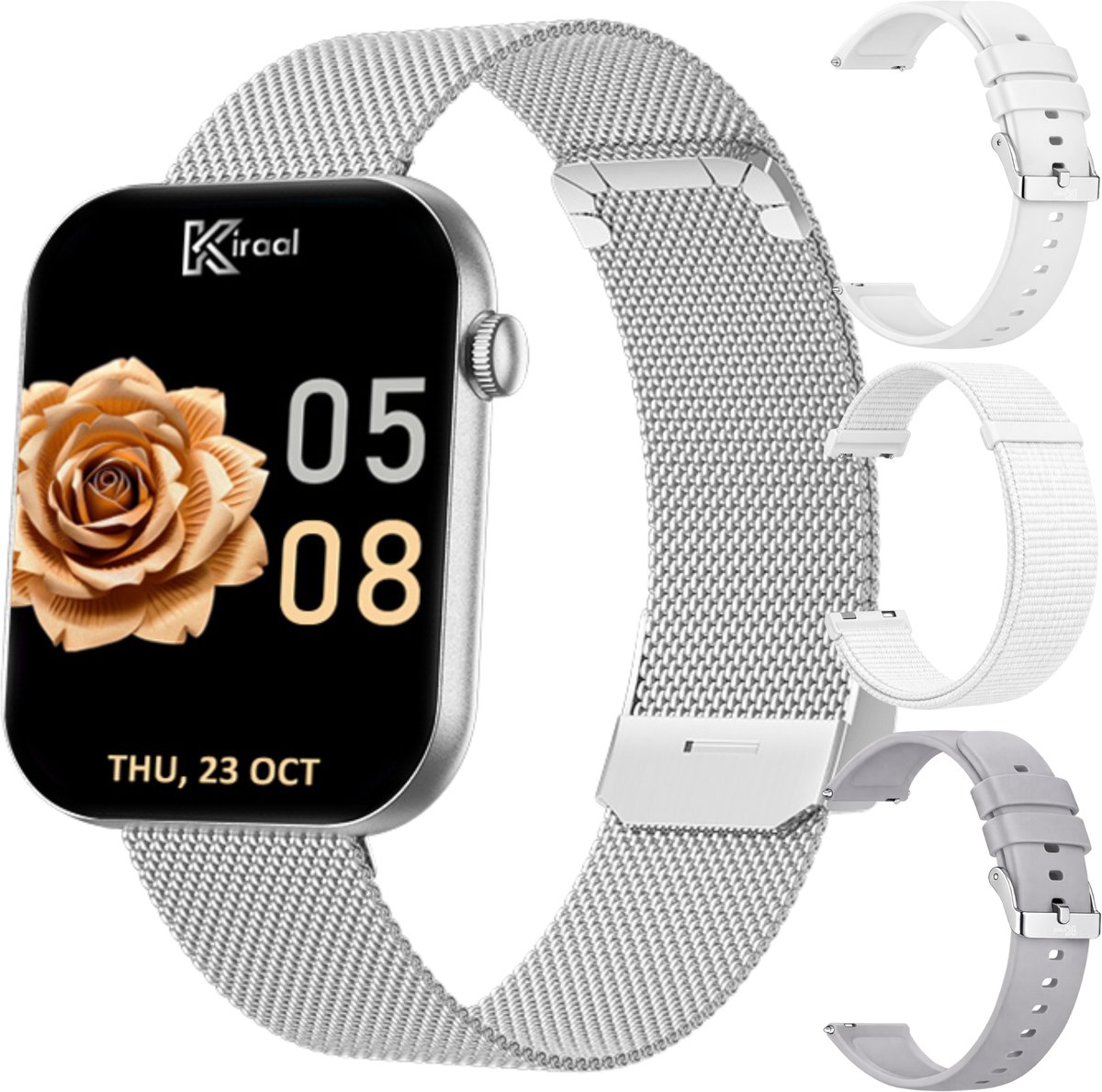 Kiraal Aura AMOLED Smartwatch voor Dames – 4 Bandjes (RVS, Nylon & 2x Siliconen) – Hartslagmeter – Stappenteller – Slaapmonitor – Multisport – Compatibel met Android & iOS – Zilver en Wit