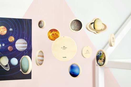 Houten planeten en poster van het zonnestelsel hangen aan een muur