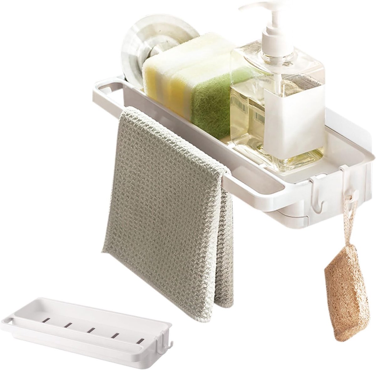 Famanu – Gootsteen-organizer - keuken organizer met afneembare druppelschaal - afneembare scheidingswanden - inzet voor het installeren van sponshouder - keukenwasdoekhouder (Wit)