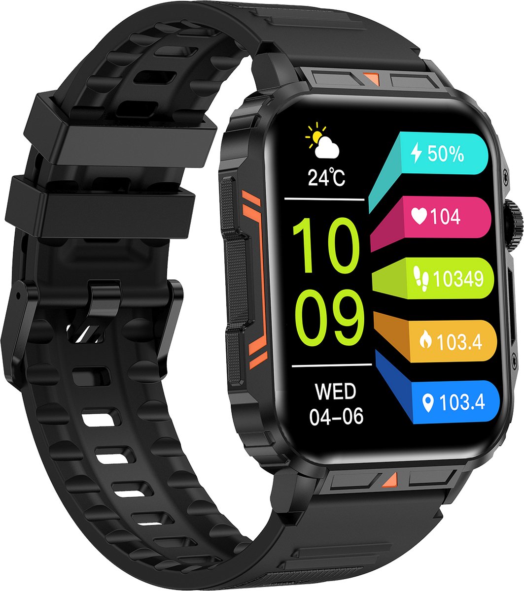 Knobbout 1.95” Smartwatch – Bluetooth Bellen - Hartslag - Bloeddruk & SpO₂-meting - AI Spraakassistent- Bluetooth 5.2 - 340mAh batterij - Zwart staal+silicone band
