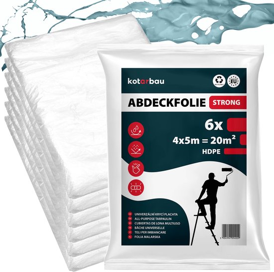 Emballage de film de protection KOTARBAU®, 6 pièces 4x5m, HDPE, transparent, avec icônes et informations produit.