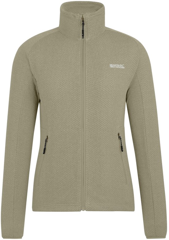 Beige dames fleece jas met rits, opstaande kraag en logo.
