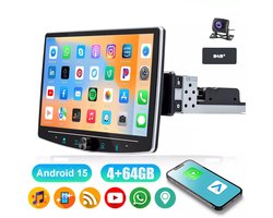 ESSGOO 1DIN Autoradio auto met 10,1 Inch 360° draaibaar scherm - DAB+ autoradio geschikt voor CarPlay en Android auto - Android 15 4 + 64 GB - Bluetooth FM RDS - multimediaspeler - AHD-achteruitrijcamera - microfoon