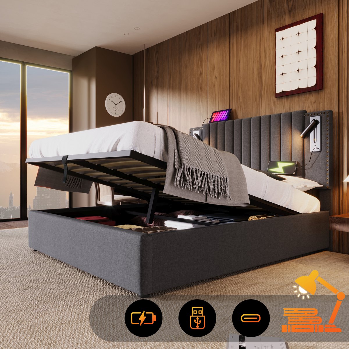 Gestoffeerd Tweepersoonsbed - 140x200 - Opbergbed + Ladebox + Leeslamp + USB Hoofdeinde - 