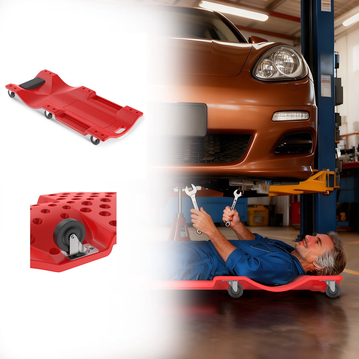 Aufun Automontagebank op wielen - 101,5x45,5x11,5 cm - Rood - Draagvermogen 150 kg - Kunststof - Met hoofdsteun en 2 gereedschapsvakken