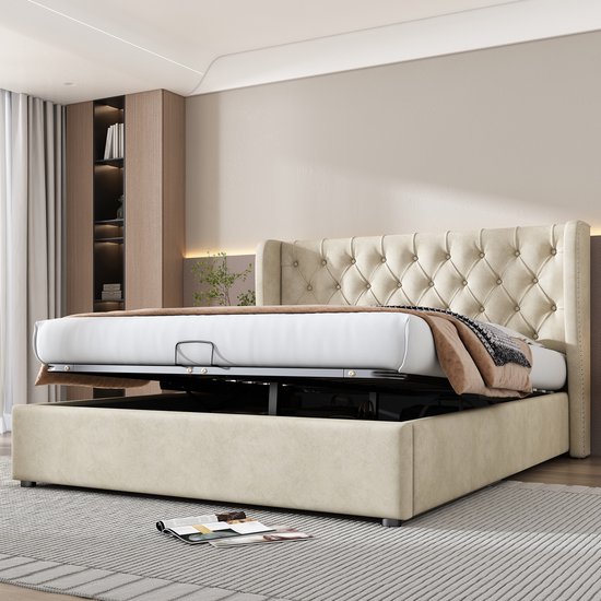 Gestoffeerd bed - 160x200 cm - Oorvorm met Knoppen en Berging - Inclusief Lattenbodem - Fluweel - Beige