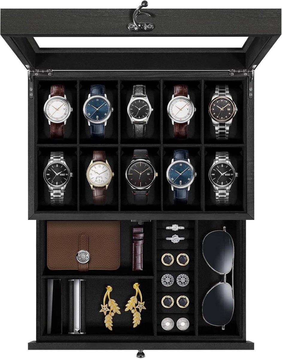 Uten 2 Niveaus Houten Horloge Doos - Horlogebox - Geschikt voor 10 Horloges - Sieradendoos - Brillendoos - Zwart