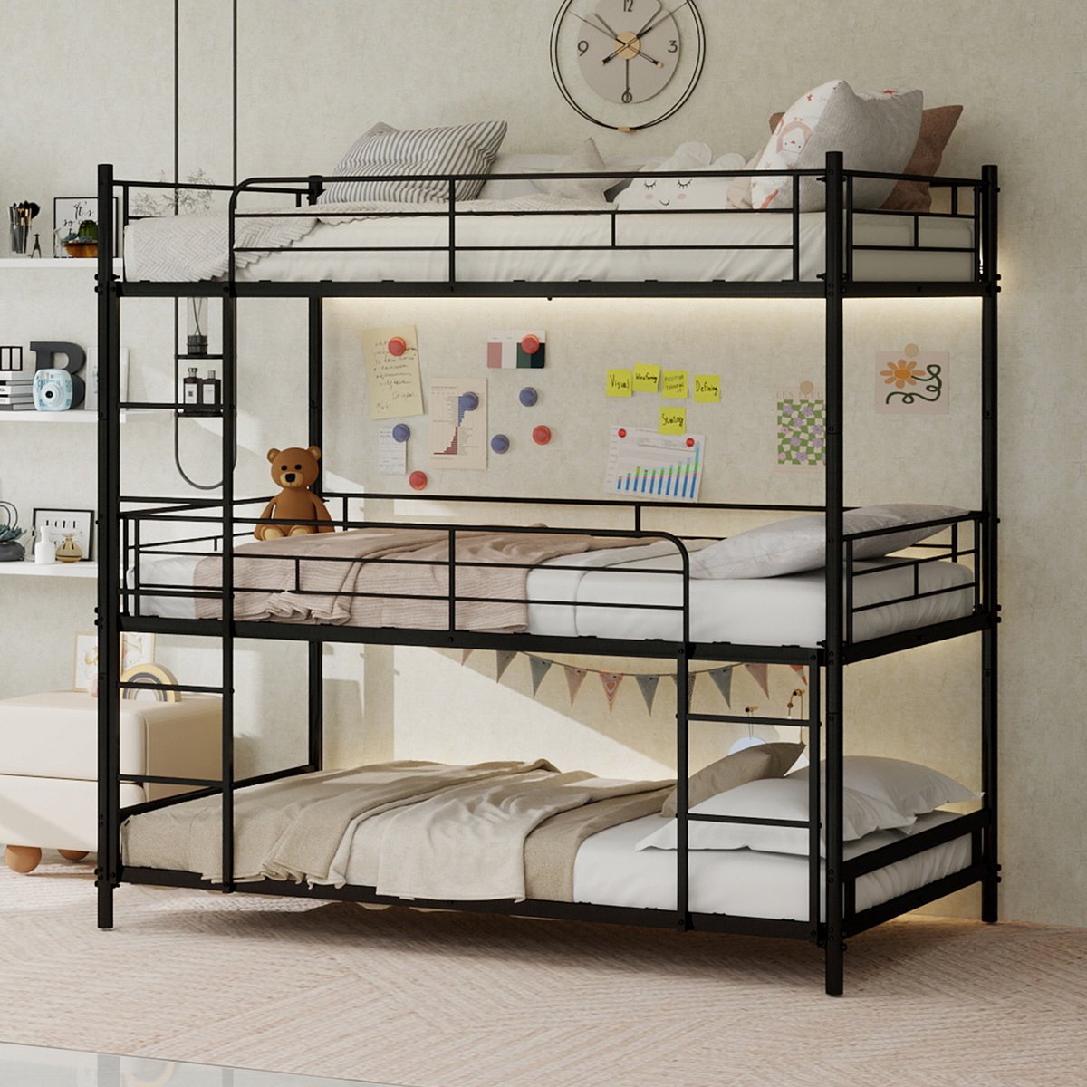 STILVORA Stapelbed 90x190 cm – Driepersoonsbed met Geïntegreerde Ladder – Uitvalbeveiliging En Lattenbodem – Voor Kinderen, Jongeren En Volwassenen – Metaal – Zwart – Zonder Matras