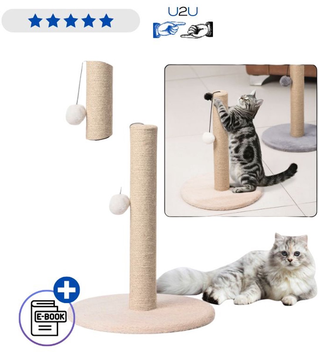 Katten Krabpaal Toren Beige 40x30 cm Lage Krabtoren met Sisal Touw Speelkoord met Pompon Stevig en Stabiel Krabmeubel voor Katten Beschermt Meubels Stimuleert Spel en Beweging Geschikt voor Alle Katten Interieurvriendelijk Design Met Ebook