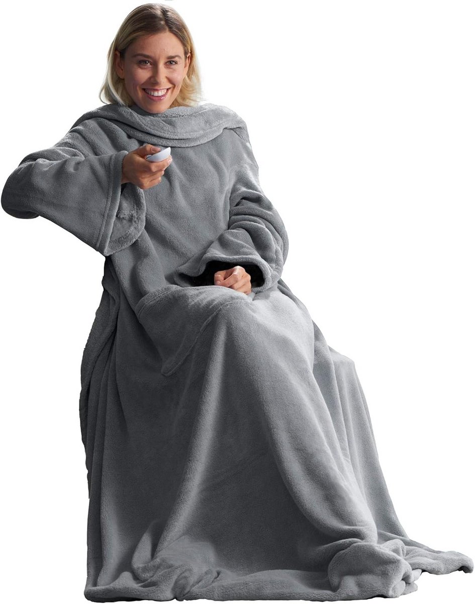 Luxe TV-deken met Mouwen en Voetenzak - Warm Coral Fleece Plaid