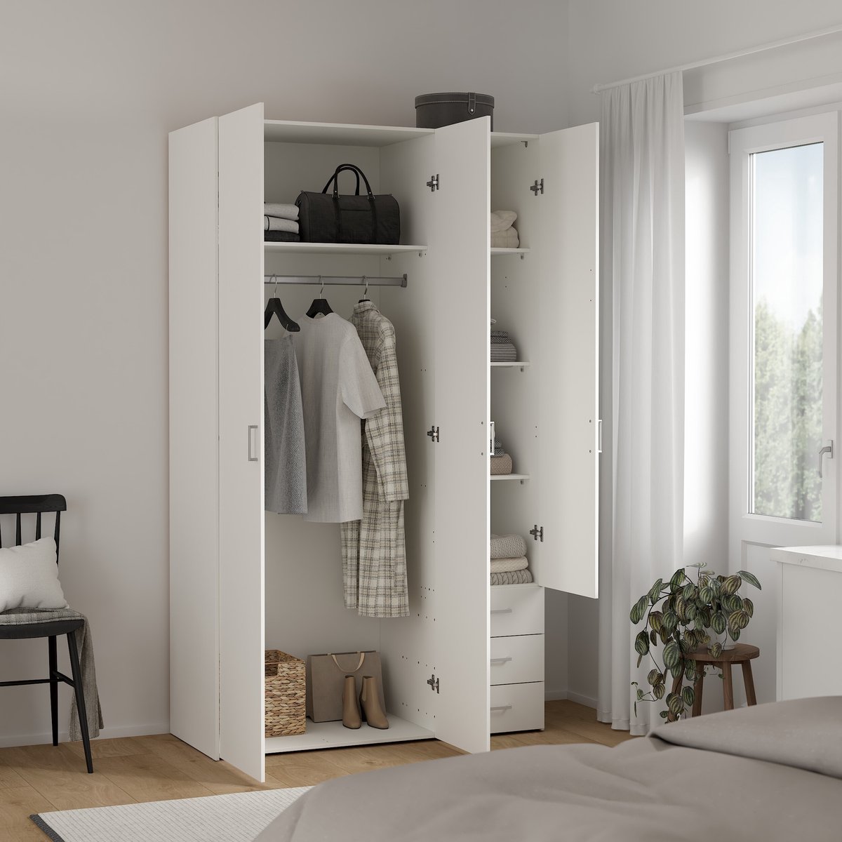 Harper Kledingkast Wit Hout - 2 Deuren, 3 Lades & Roede