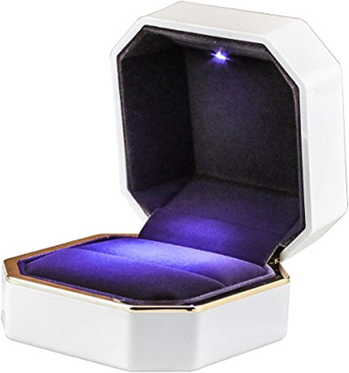 Ring Doosje met LED Licht – Wit met Gouden Rand – Voor Huwelijk, Verloving of Valentijnsdag