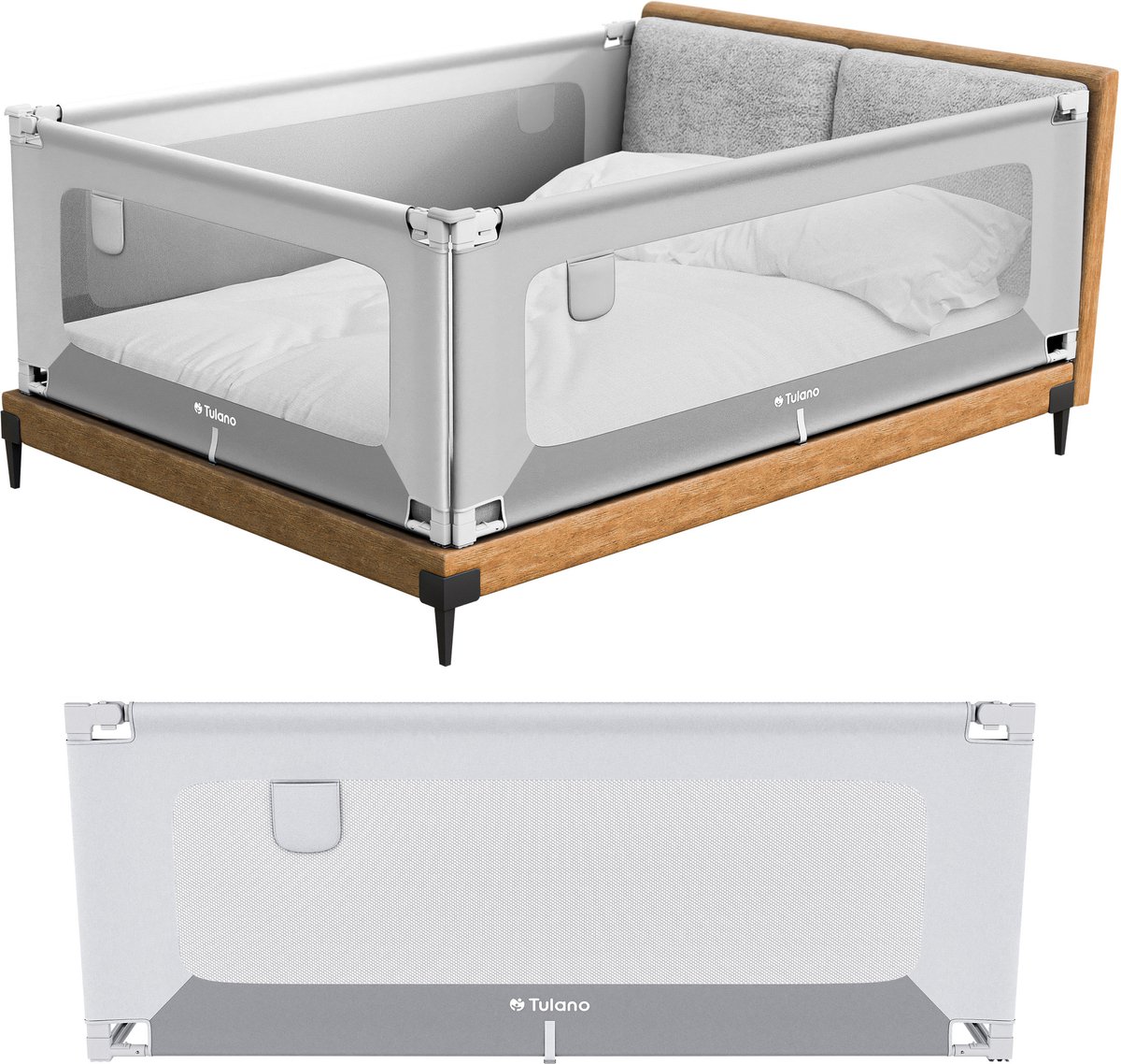Tulano Cover 48 - Veilig Baby Bedhekje - Uitvalbeschermer Uitvalbeveiliging - 180cm - Wit/Grijs