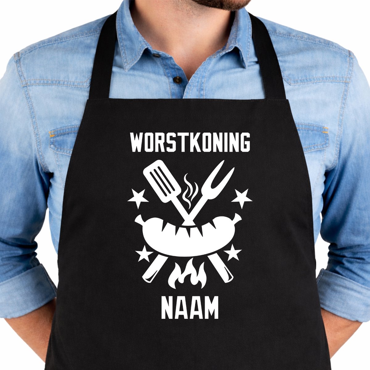 Keukenschort Worstkoning - Gepersonaliseerd Met Jouw Naam - 65x90cm - 100% katoen - Schort - Keukenschorten - Verjaardags cadeau - BBQ - Vaderdag - Moederdag cadeau