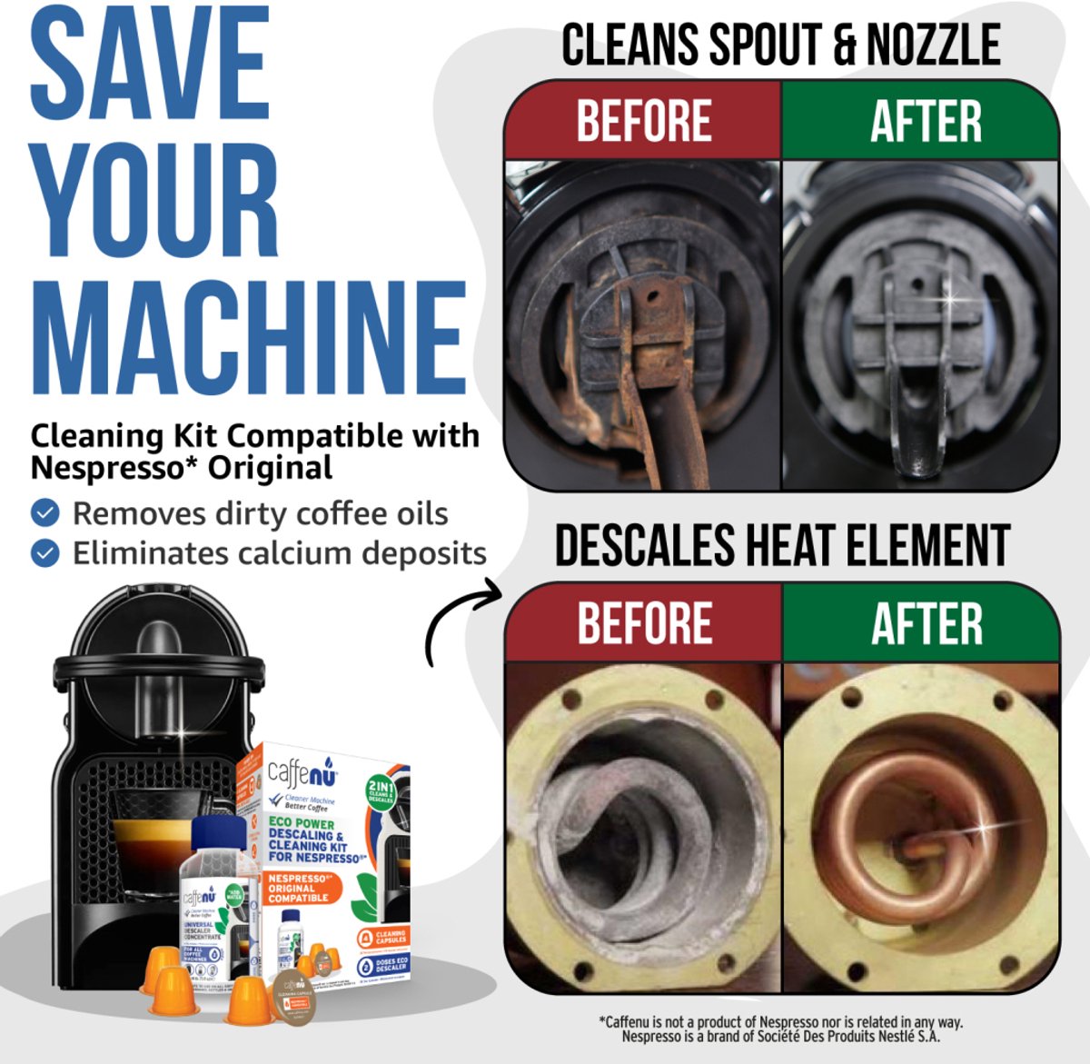 Caffenu Onderhoudsset Koffiemachine Reiniger & Ontkalker voor Nespresso Original - 2x Ontkalker + 4 Reinigingscups - Ontkalkingsset - Zorgt voor Warmere Koffie, Betere Smaak en Langere Levensduur Koffiezetapparaat thumbnail 2
