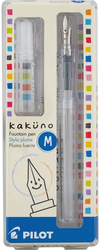 Pilot Kaküno vulpen met doorzichtige houder en zwart inktpatroon. De verpakking heeft gekleurde blokjes.